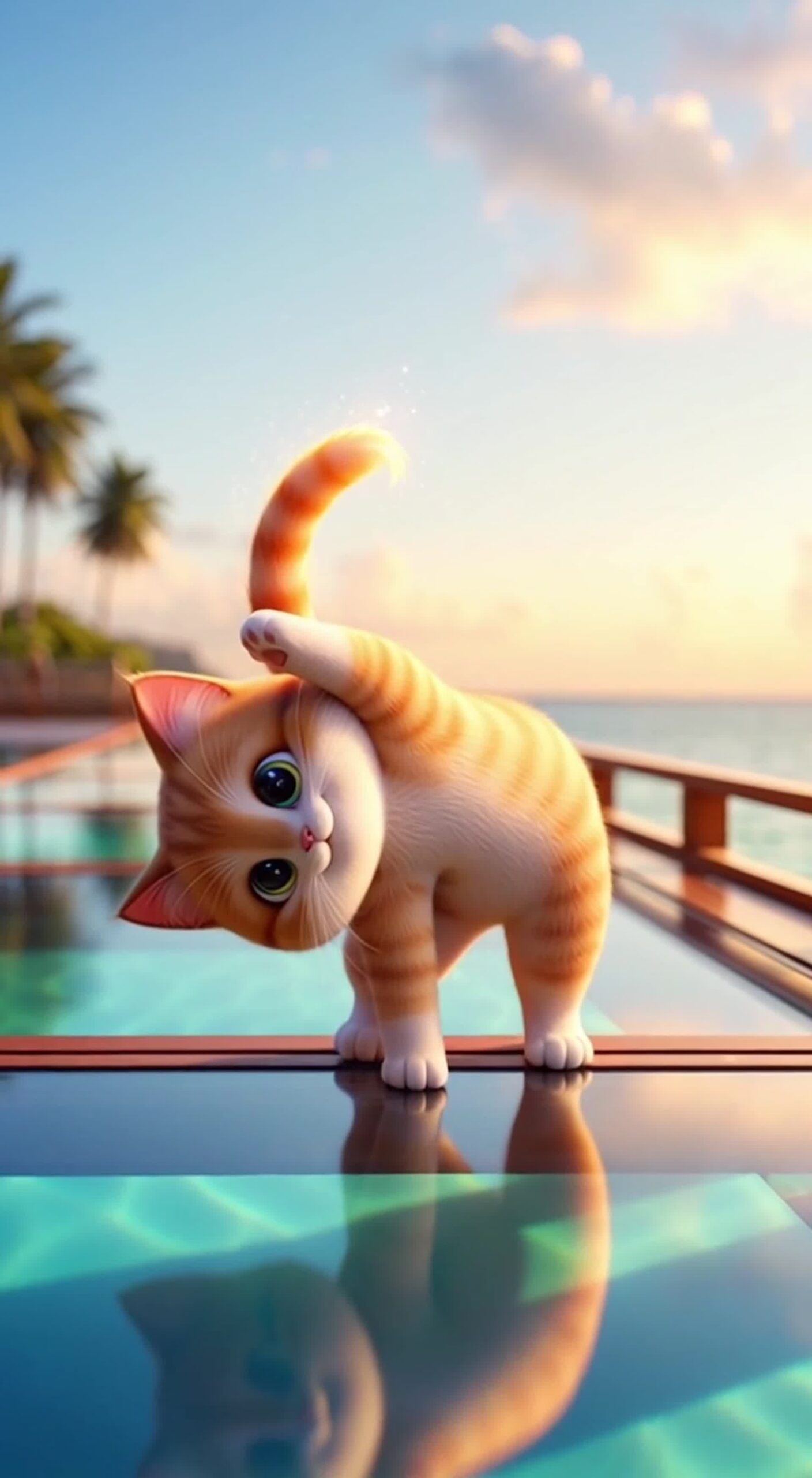 Miko in a peaceful yoga pose by the ocean, soft golden light