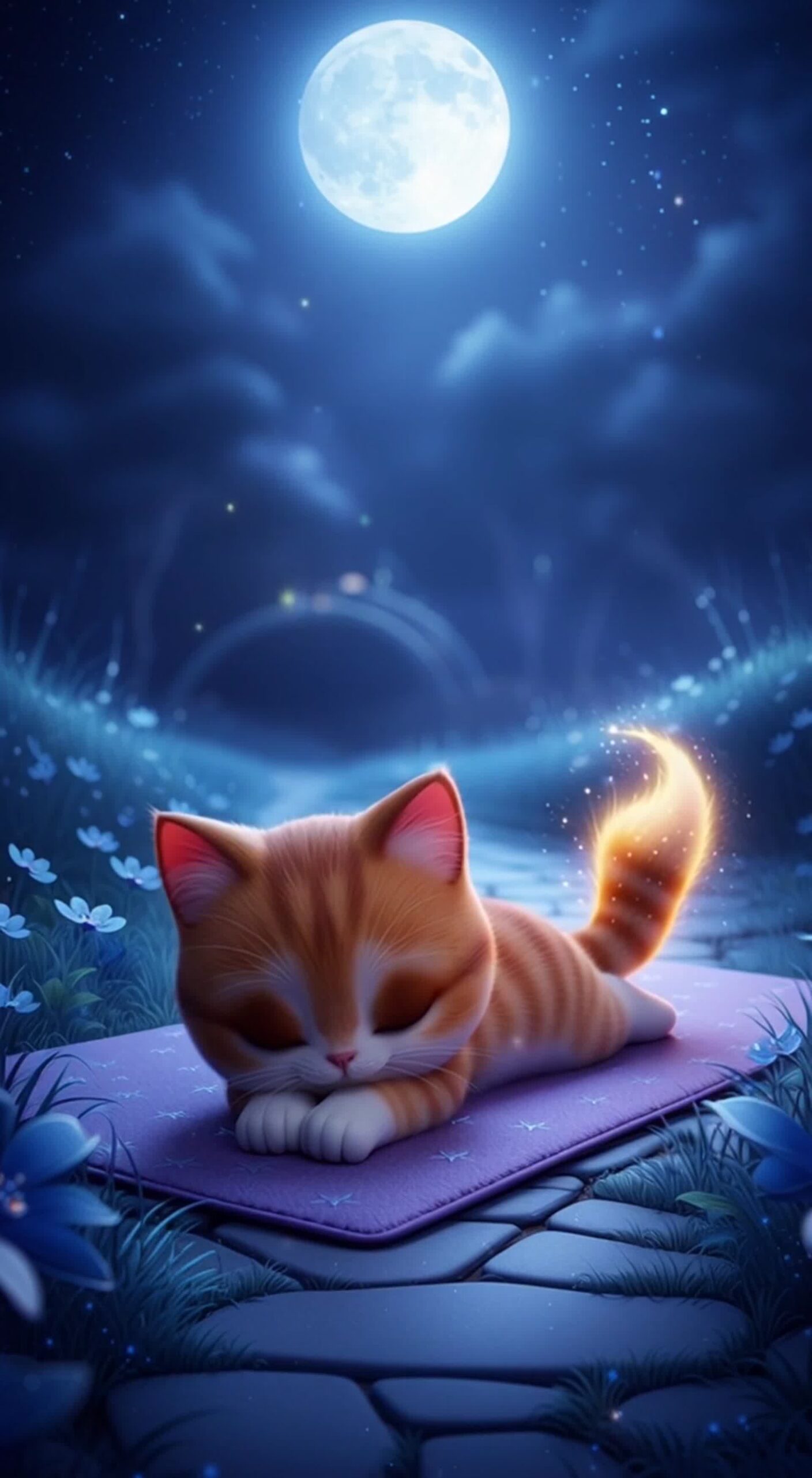 猫のMiko、月明かりの下で眠る、25Hzゴロゴロ音